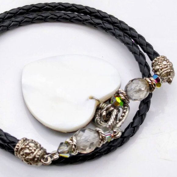 Vintage Abalone Tile Heart Pendant on Braided Leather and Crystal Necklace, Merm - Picture 5 of 5